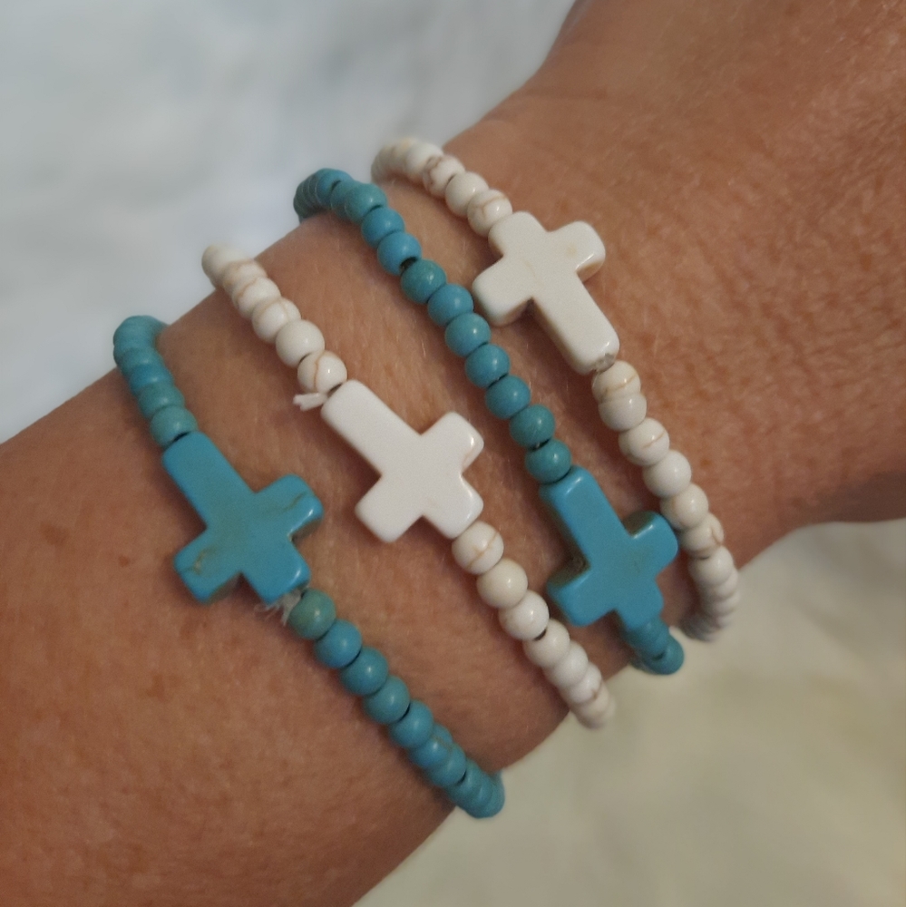 2pcs Turquoise Cross/ White Decor Smaller Beaded Gauge Bracelet